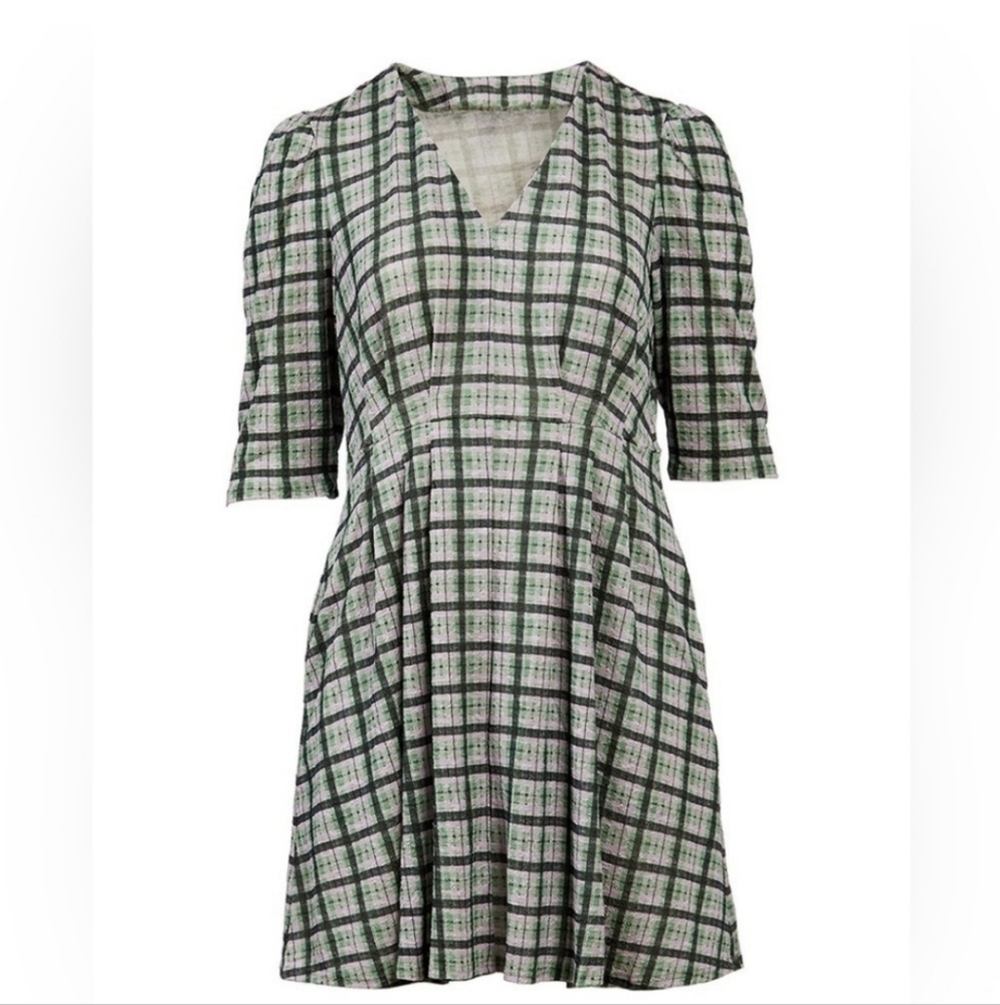 Hutch Plaid Lilac Green & Black Fit &‎ Flare Dress w Vneck 3/4 Sleeves Pockets